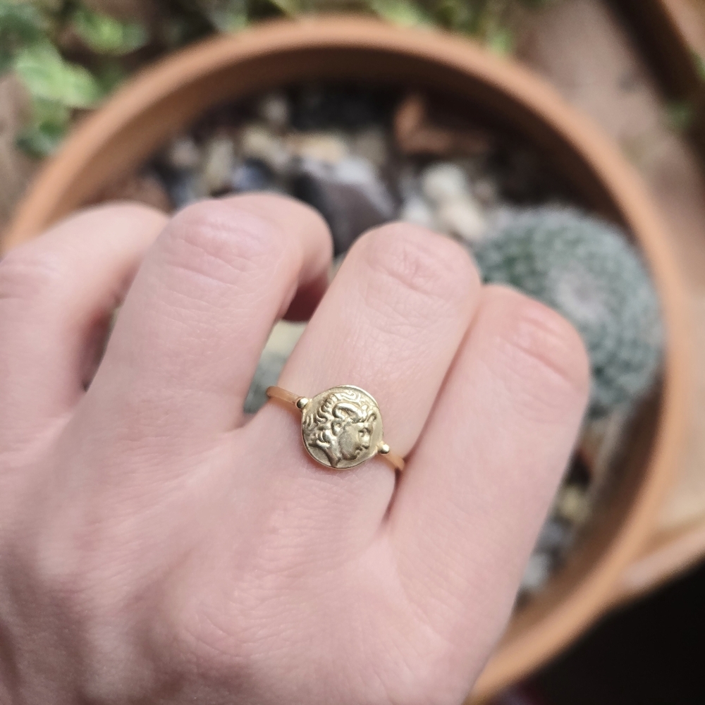Dainty Gold Vermeil 925 Sterling Silver Greek Roman Coin Ring, size 6.25